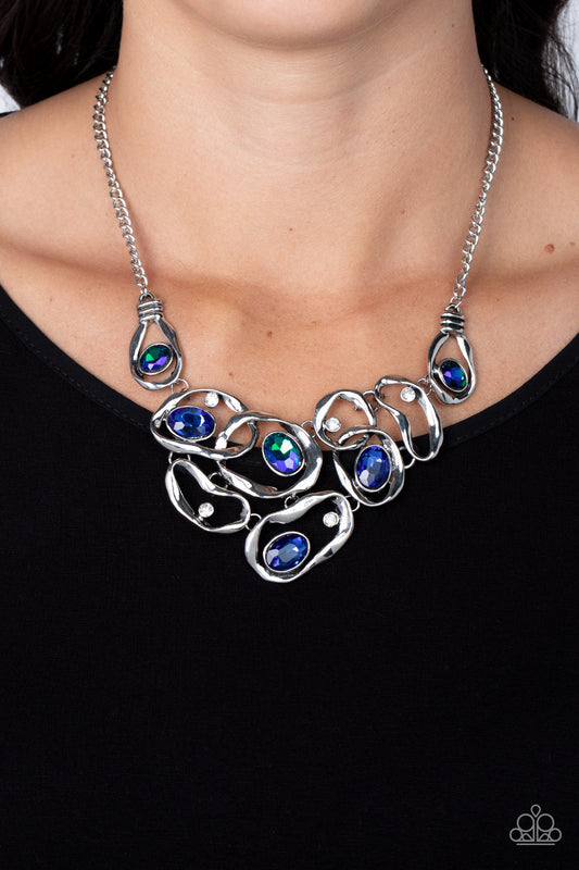 Warp Speed - Blue Iridescent Gems/White Rhinestones/Asymmetrical Warped Silver Frame Paparazzi Necklace & matching earrings