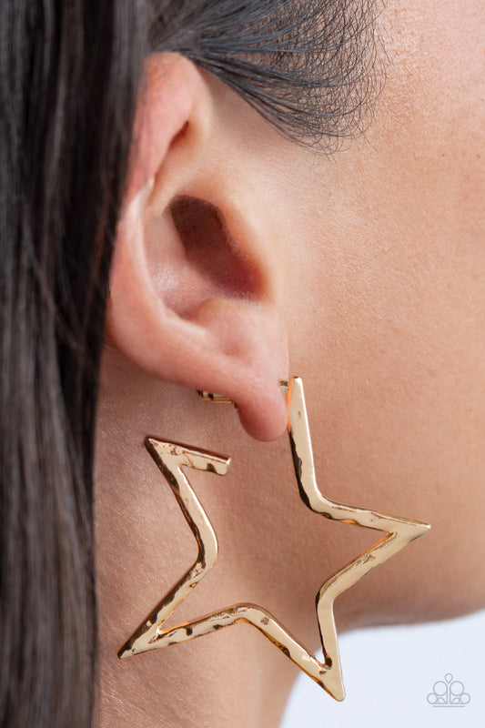 All-Star Attitude - Gold Hammered Star Paparazzi Hoop Earrings