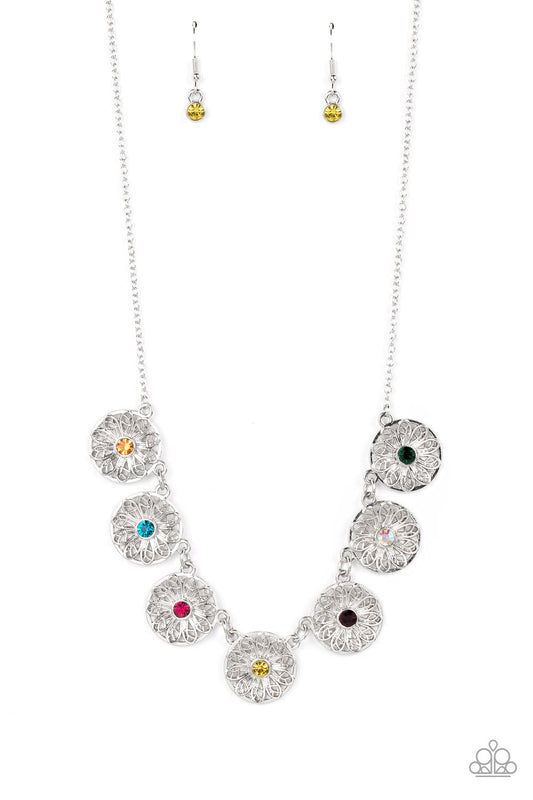 Garden Greetings - Multi Rhinestone & Silver Flower Paparazzi Necklace & matching earrings