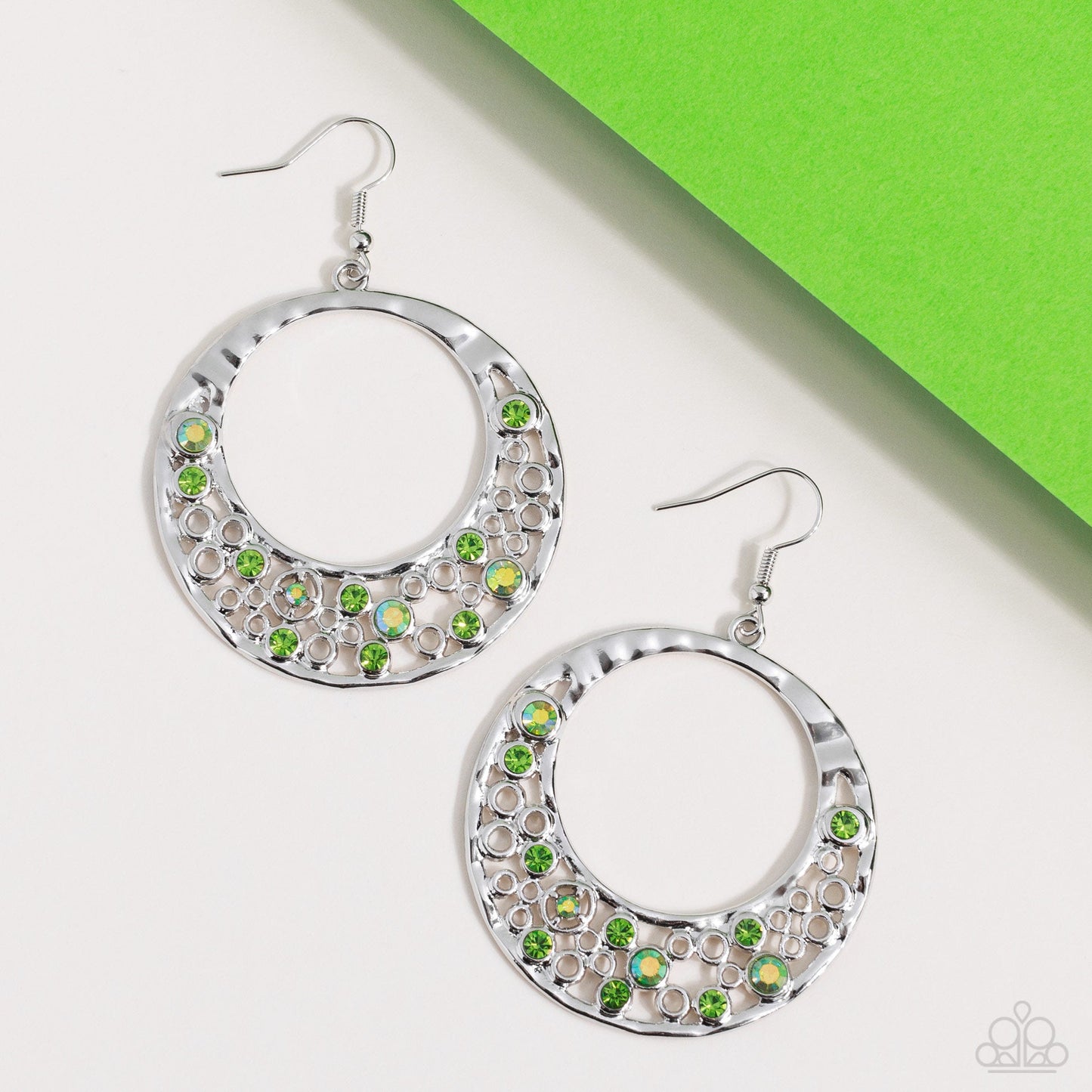 Enchanted Effervescence - Green & Iridescent Rhinestone Paparazzi Earrings