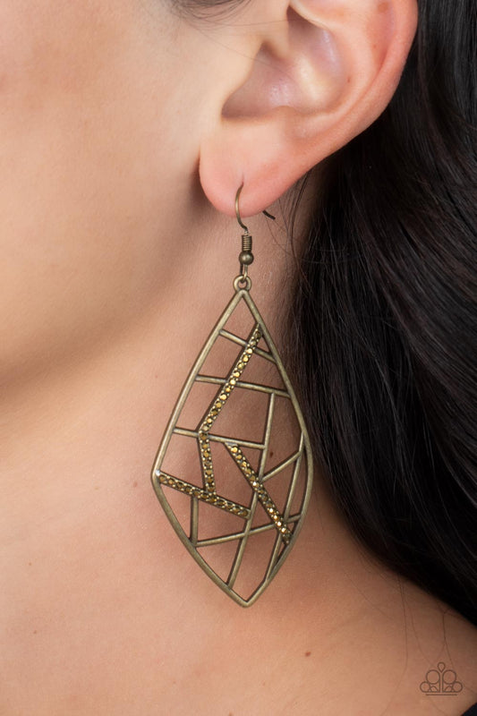 Geo Grid - Brass Antiqued Abstract Bars & Aurum Rhinestone Paparazzi Earrings