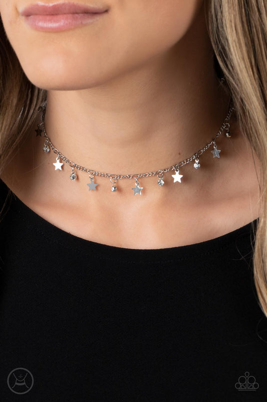 Little Lady Liberty - White Dainty Rhinestones/Silver Stars Paparazzi Choker Necklace & matching earrings