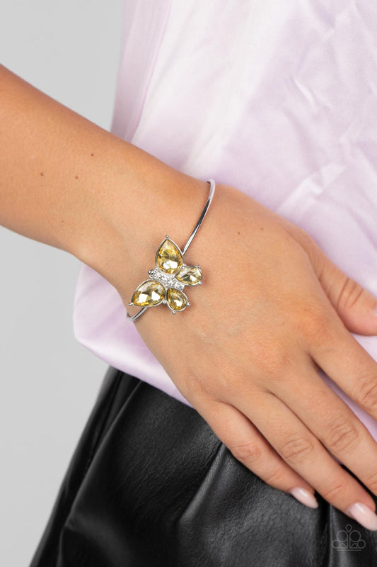 Butterfly Beatitude - Yellow Rhinestone Butterfly Paparazzi Cuff Bracelet
