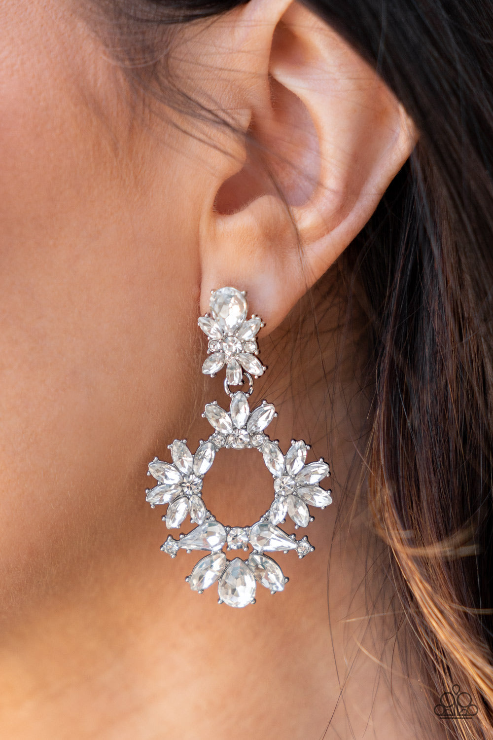 Leave them Speechless - White Mismatched Rhinestone Paparazzi Post Earrings