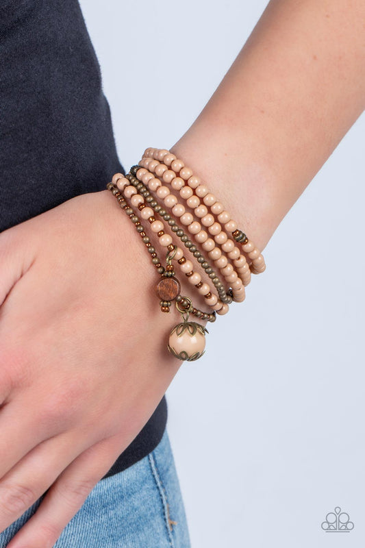 Epic Escapade - Brown, Copper, Brass, & Wooden Beaded Set of 6 Paparazzi Stretch Bracelets