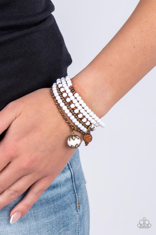 Epic Escapade - White, Copper, Brass, & Wooden Beaded Set of 6 Paparazzi Stretch Bracelets