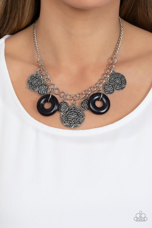Western Zen - Black Stone/Silver Discs with Mandala-Like Designs Paparazzi Necklace & matching earrings
