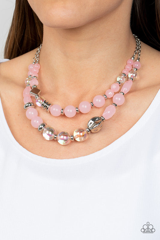 Mere Magic - Pink Iridescent/Pink Opaque/Silver Beaded Paparazzi Necklace & matching earrings