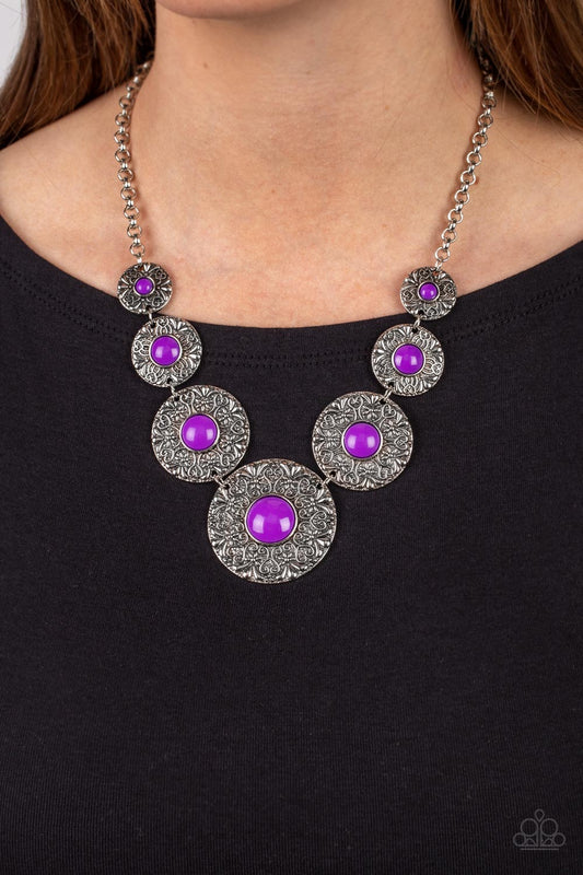 Garden Glade - Purple Bead/Floral Embossed Silver Disc Paparazzi Necklace & matching earrings