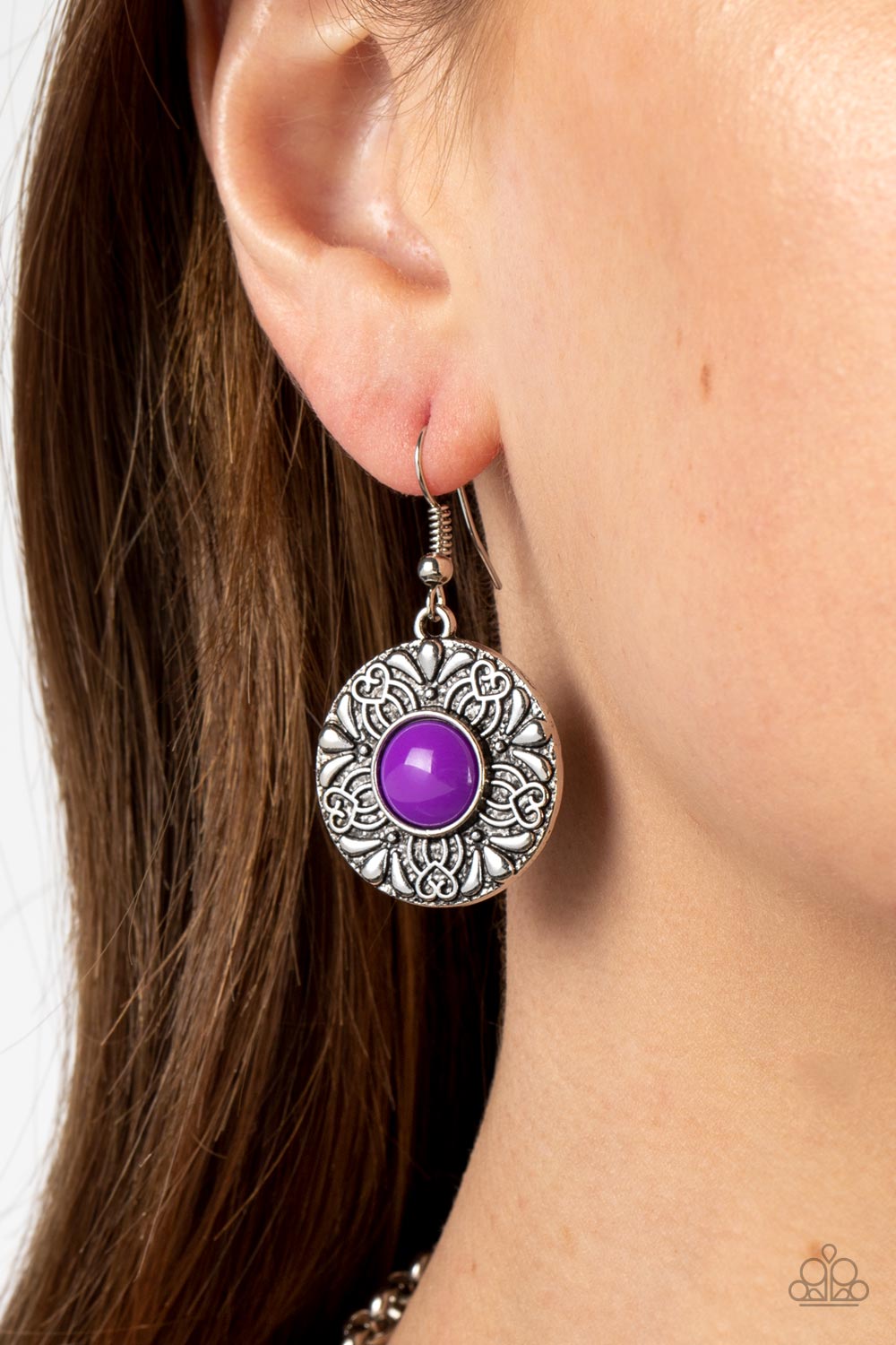 Garden Glade - Purple Bead/Floral Embossed Silver Disc Paparazzi Necklace & matching earrings