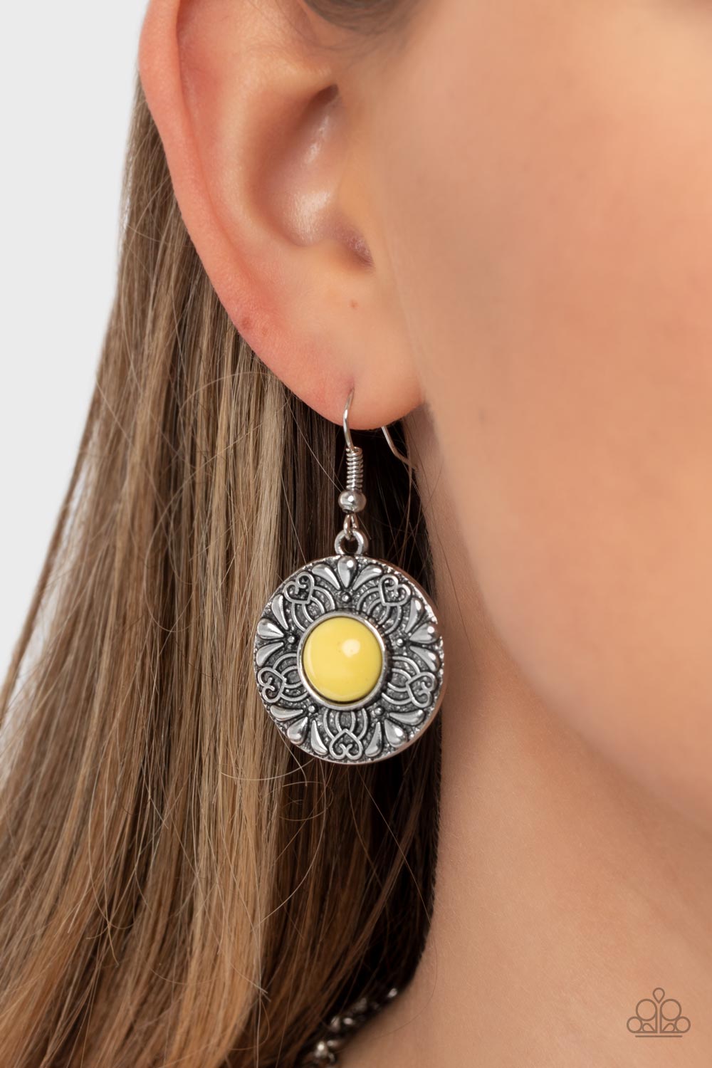 Garden Glade - Yellow Beads/Floral Embossed Silver Disc Paparazzi Necklace & matching earrings