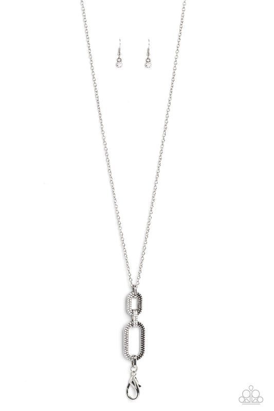 OVAL-Statement of the Year - White Rhinestone Oval Linked Frame Paparazzi LANYARD Necklace & matching earrings