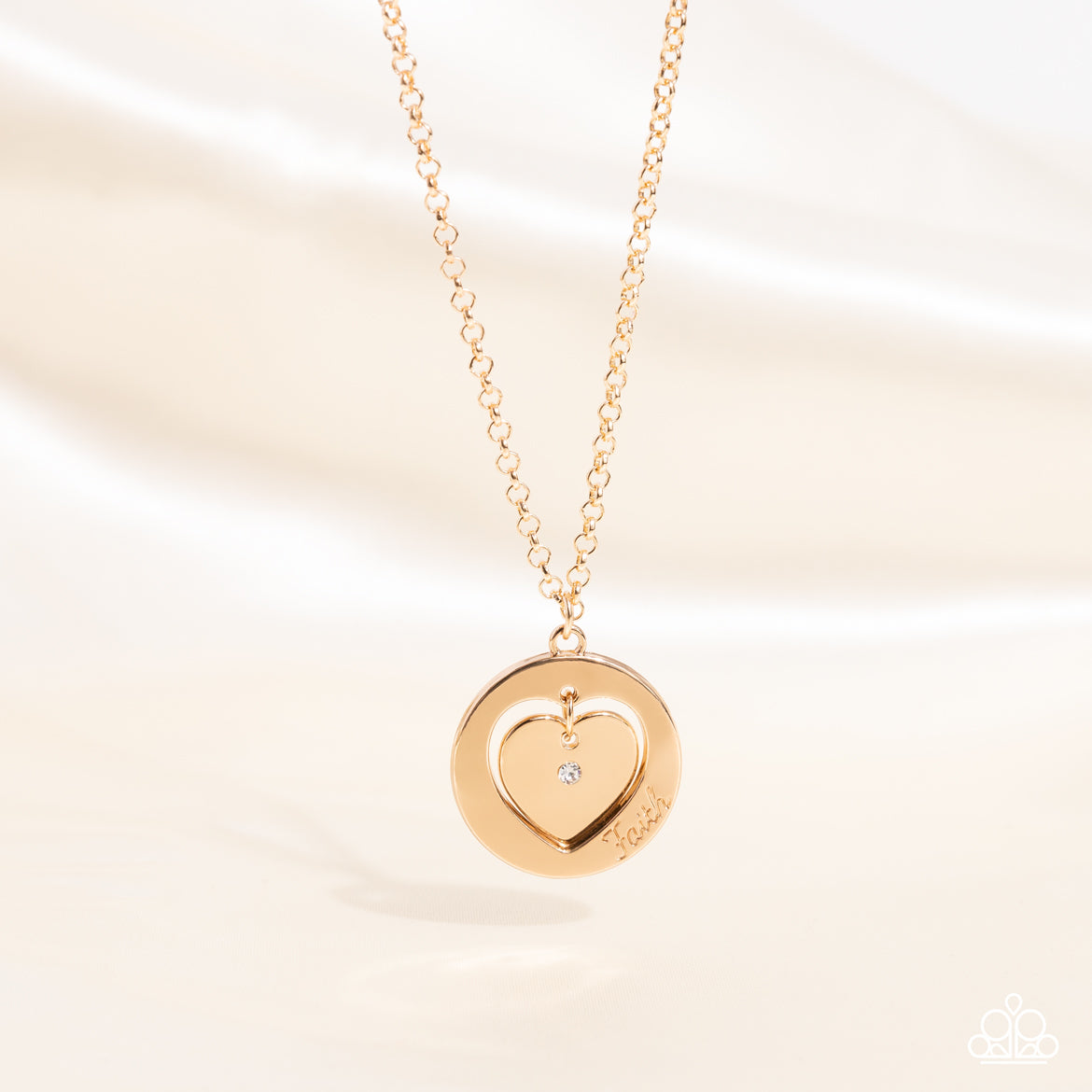 Heart Full of Faith - Gold "Faith" Stamped Heart/White Rhinestone Pendant Paparazzi Necklace & matching earrings