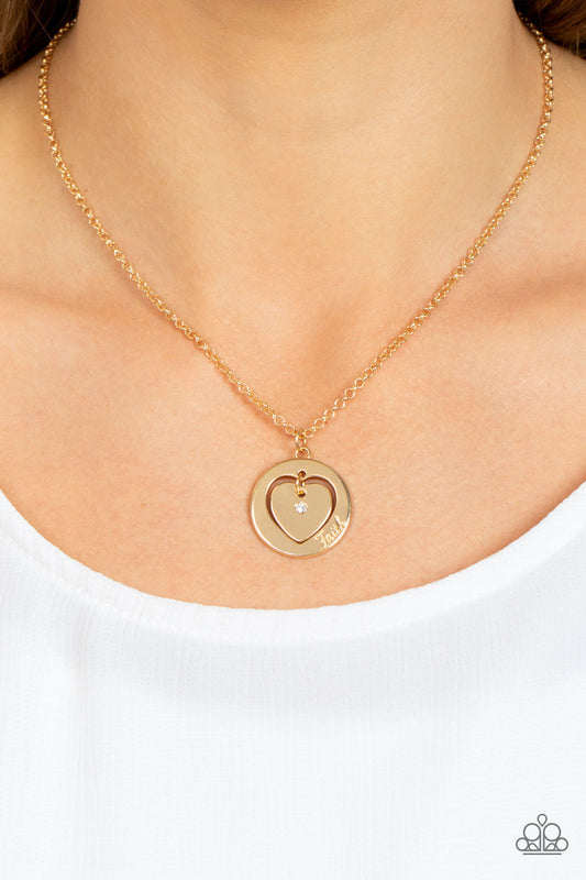 Heart Full of Faith - Gold "Faith" Stamped Heart/White Rhinestone Pendant Paparazzi Necklace & matching earrings
