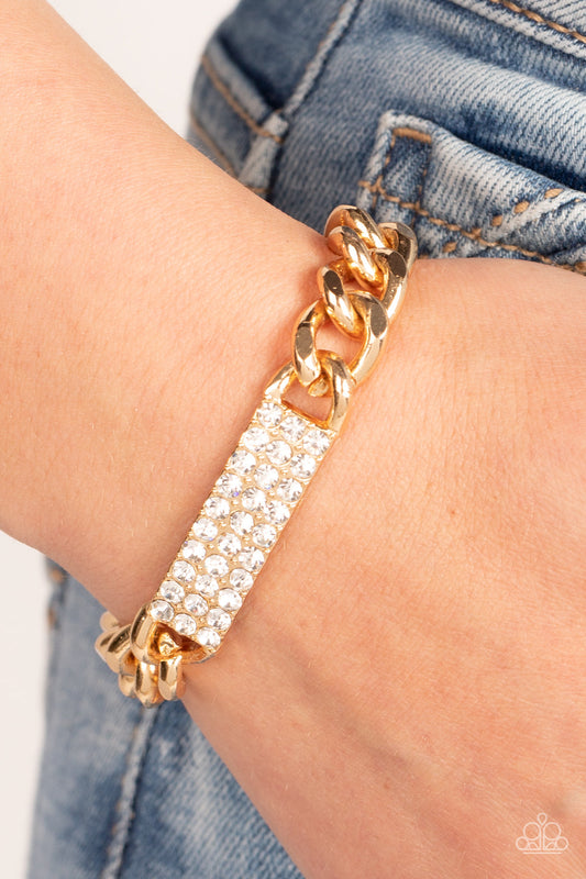 Icy Impact - Gold Chunky Curb Chain & White Rhinestone Paparazzi Adjustable Bracelet