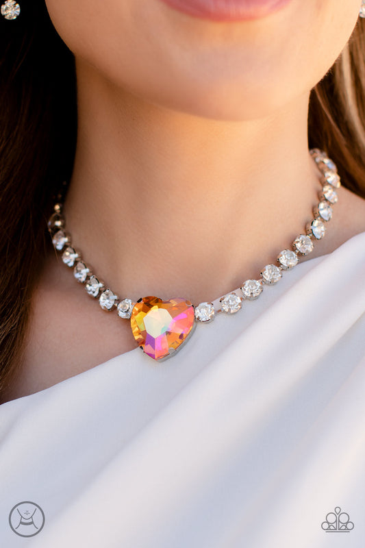 Heart in My Throat - Orange Iridescent Oversized Heart Gem/White Rhinestone Chain Paparazzi Necklace & matching earrings