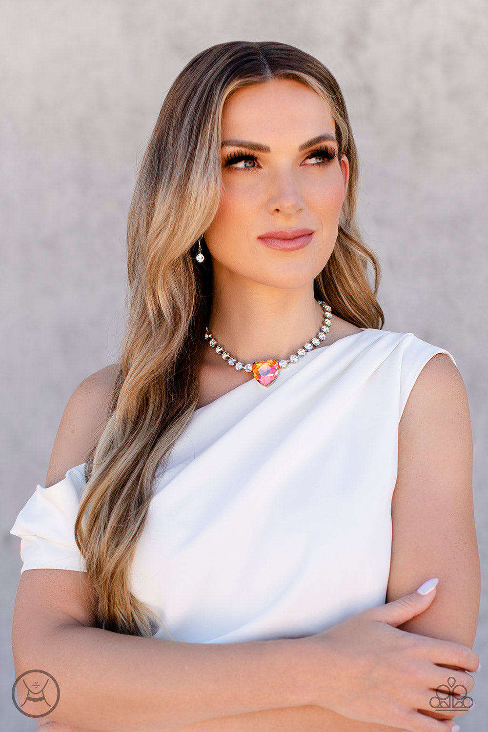 Heart in My Throat - Orange Iridescent Oversized Heart Gem/White Rhinestone Chain Paparazzi Necklace & matching earrings