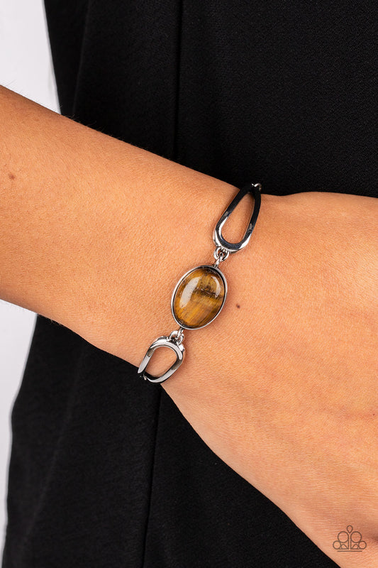 A Quarter Past ZEN - Brown Tiger's Eye Stone & Airy Teardrop Silver Frame Paparazzi Adjustable Bracelet