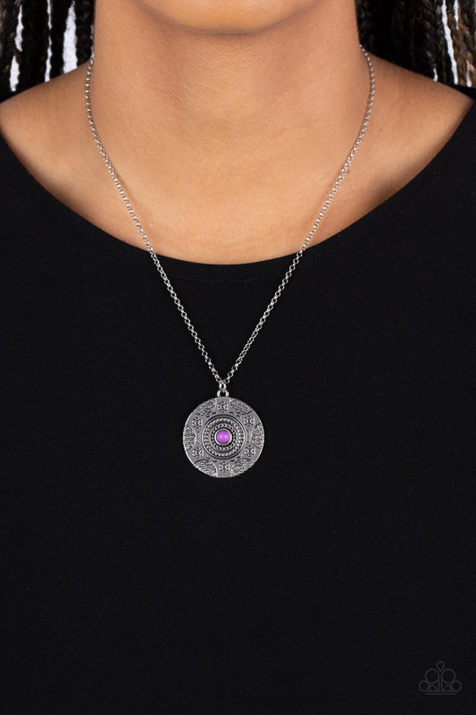 Wild Prairies - Purple Dainty Stone/Floral Motif Stamped Pendant Paparazzi Necklace & matching earrings