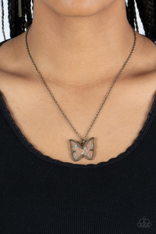 Gives Me Butterflies - Brass Butterfly Frame/Flecks of Shell Pendant Paparazzi Necklace & matching earrings