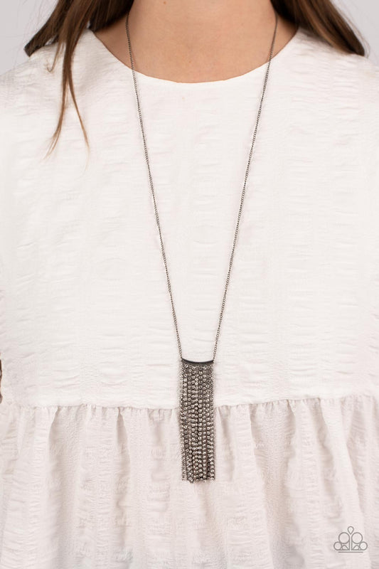 Stellar Crescendo - Gunmetal & White Rhinestone Tassel Pendant Paparazzi Necklace & matching earrings