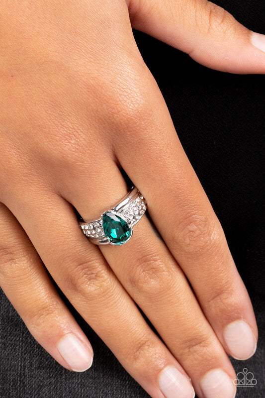 Dive into Oblivion - Green Teardrop Rhinestone, Dainty White Rhinestones, & Asymmetrical Silver Band Paparazzi Ring