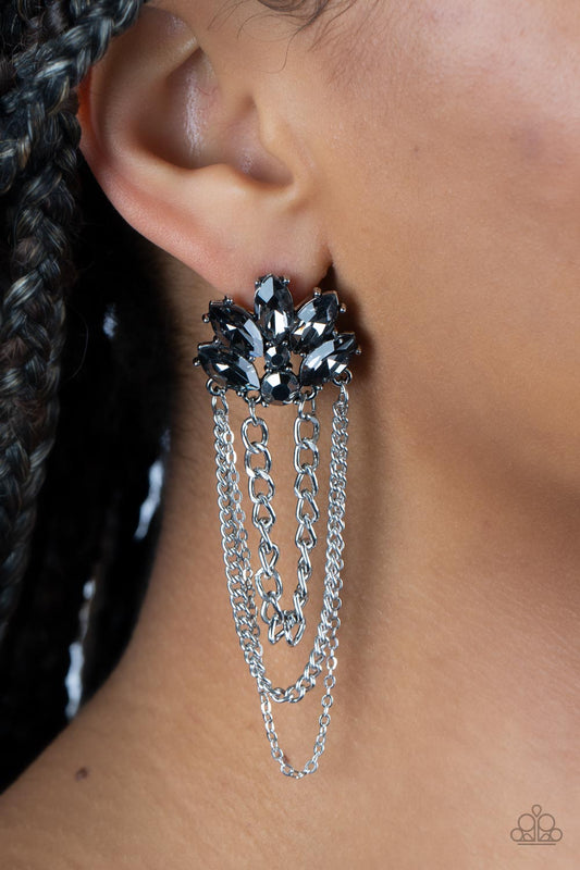 Reach for the SKYSCRAPERS - Silver Draped Chain/Smoky & Hematite Rhinestone Paparazzi Earrings