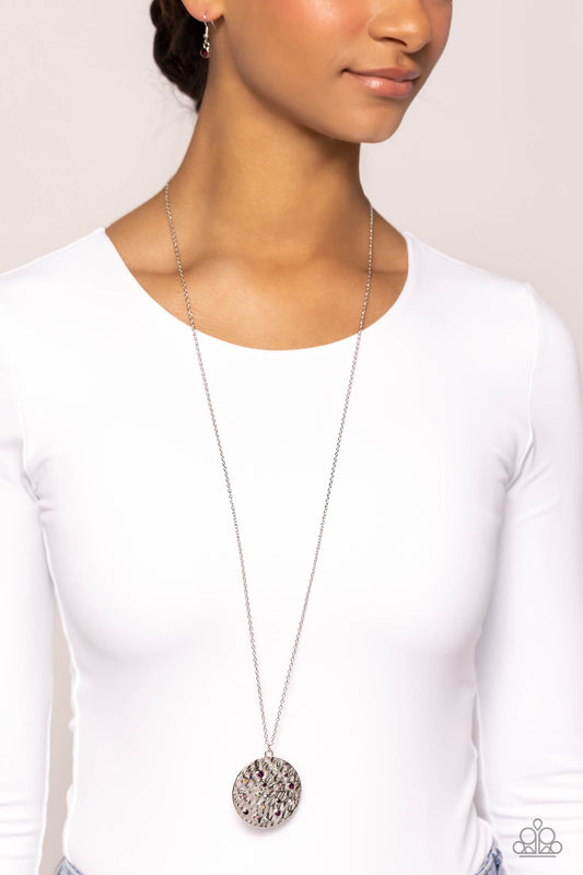 COMET Below - Purple/Light Purple/Iridescent Rhinestones/Hammered Disc Pendant Paparazzi Necklace & matching earrings