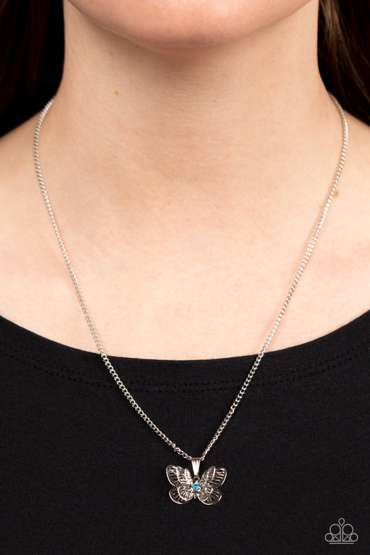 High-Flying Fashion - Blue Rhinestone/Silver 3-D Butterfly Pendant Paparazzi Necklace & matching earrings