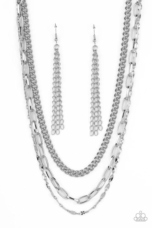 Galvanized Grit - Silver Triple Tier Chain Paparazzi Necklace & matching earrings