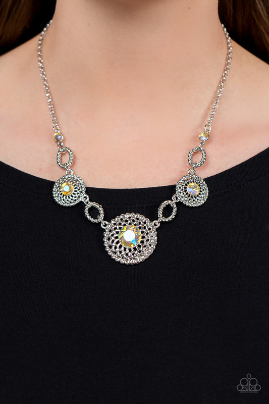 Cosmic Cosmos - Yellow Iridescent Rhinestones/Airy Silver Petal Paparazzi Necklace & matching earrings
