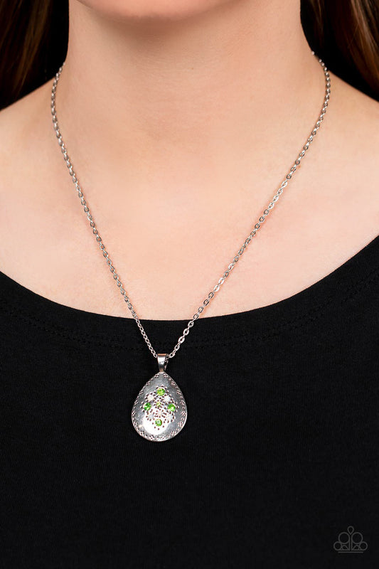 Cozy Cottage - Green & Opal Dainty Rhinestones/Silver Teardrop Pendant Paparazzi Necklace & matching earrings
