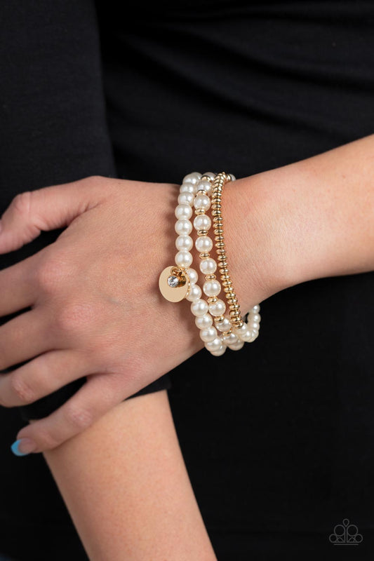Pearly Professional - Gold Beads, White Pearls, & White Rhinestone Paparazzi Set of 3 Stretch Bracelets