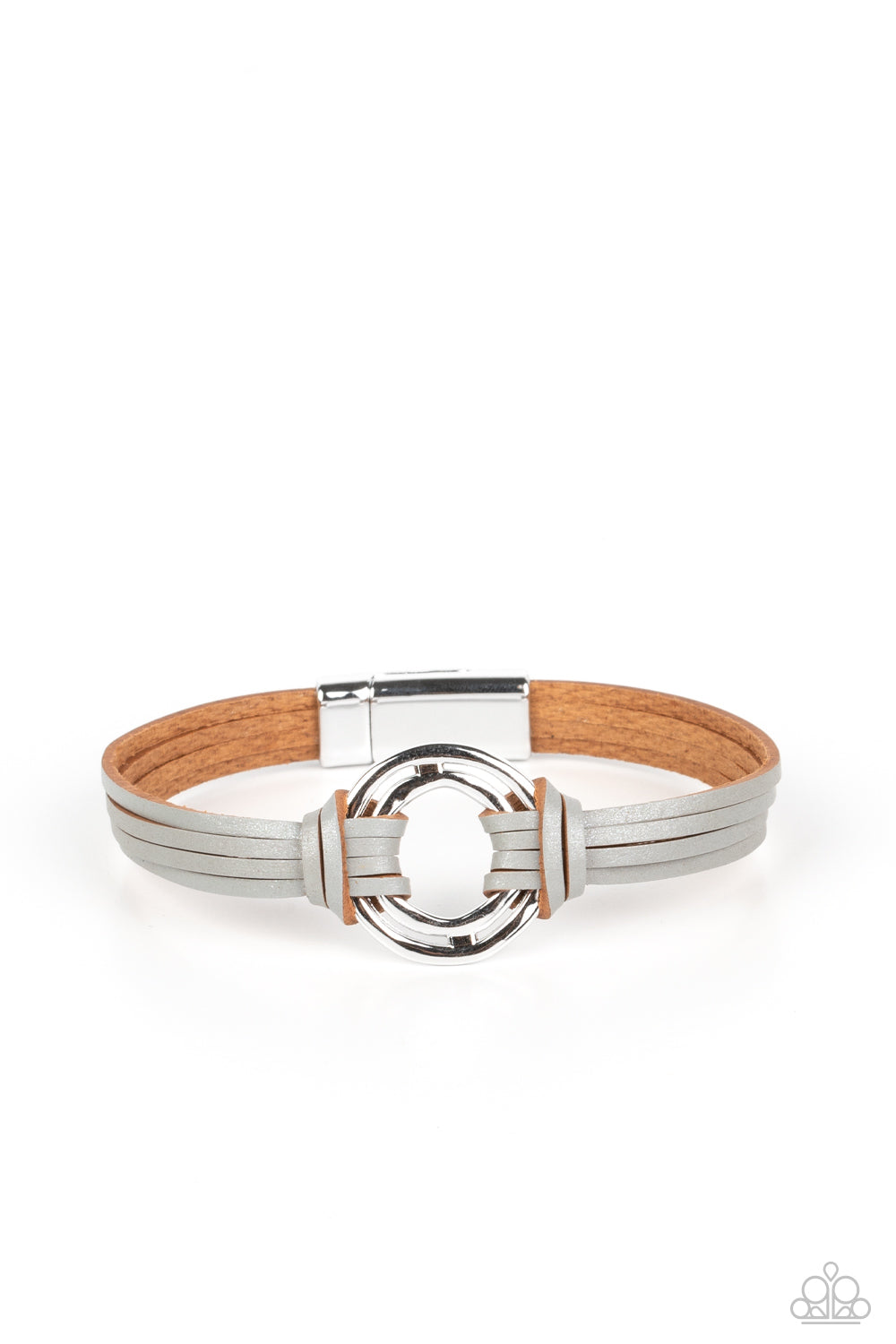 Free Range Fashion - Silver Leather Straps & Asymmetrical Hoops Paparazzi Magnetic Bracelet