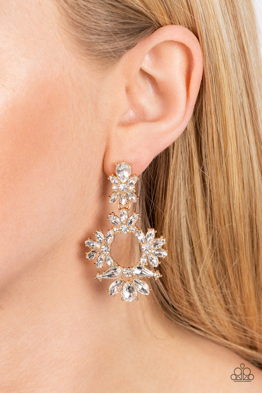 Leave them Speechless - Gold Wreath & White Rhinestone Paparazzi Earrings