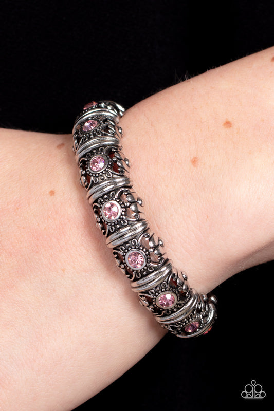 Ageless Glow - Pink Rhinestones & Silver Floral Frame Paparazzi Stretch Bracelet