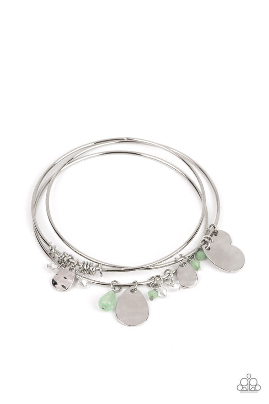 Secret Paradise - Green Beads & Hammered Silver Disc Paparazzi Set of 3 Bangle Bracelets