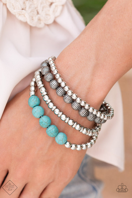 Wildland Wanderer - Blue/Turquoise Stone & Silver Beaded Set of 4 Paparazzi Stretch Bracelets
