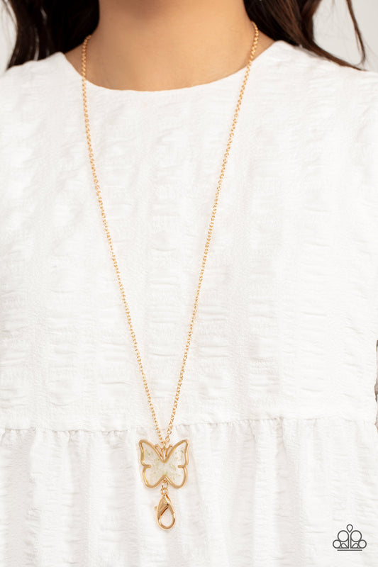 Gives Me Butterflies - Gold Butterfly Frame/Dainty Flecks of Shell Paparazzi Pendant LANYARD Necklace & matching earrings