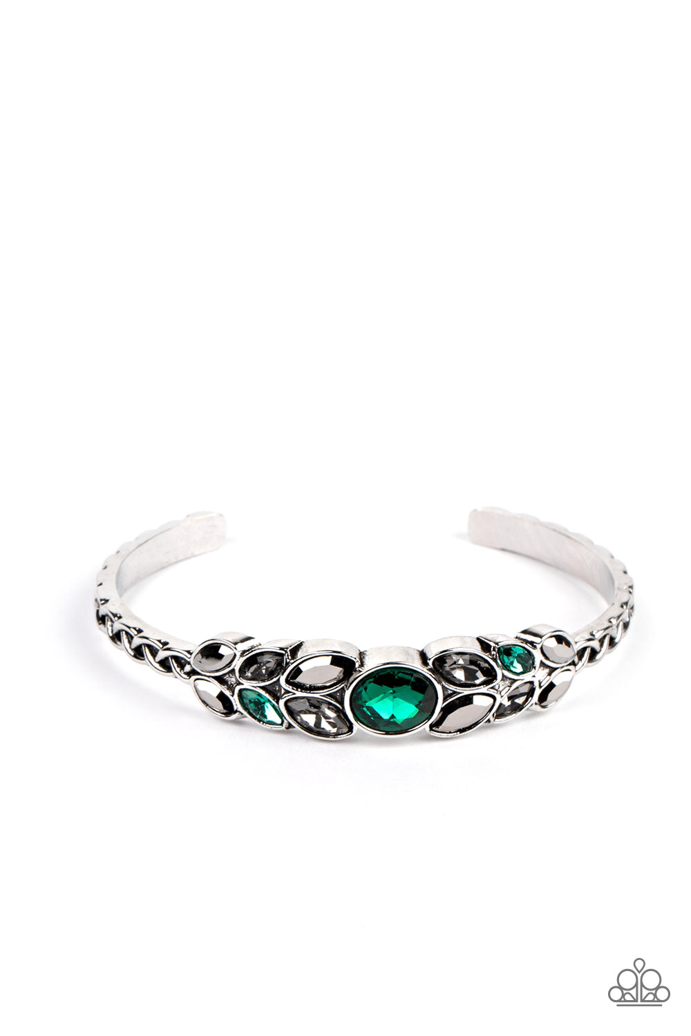 Vogue Vineyard - Green & Hematite Rhinestone Leafy Pattern Paparazzi Cuff Bracelet
