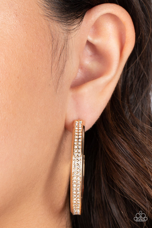 Flash Freeze - Gold Bar/Rows of White Rhinestone Paparazzi Hoop Earrings