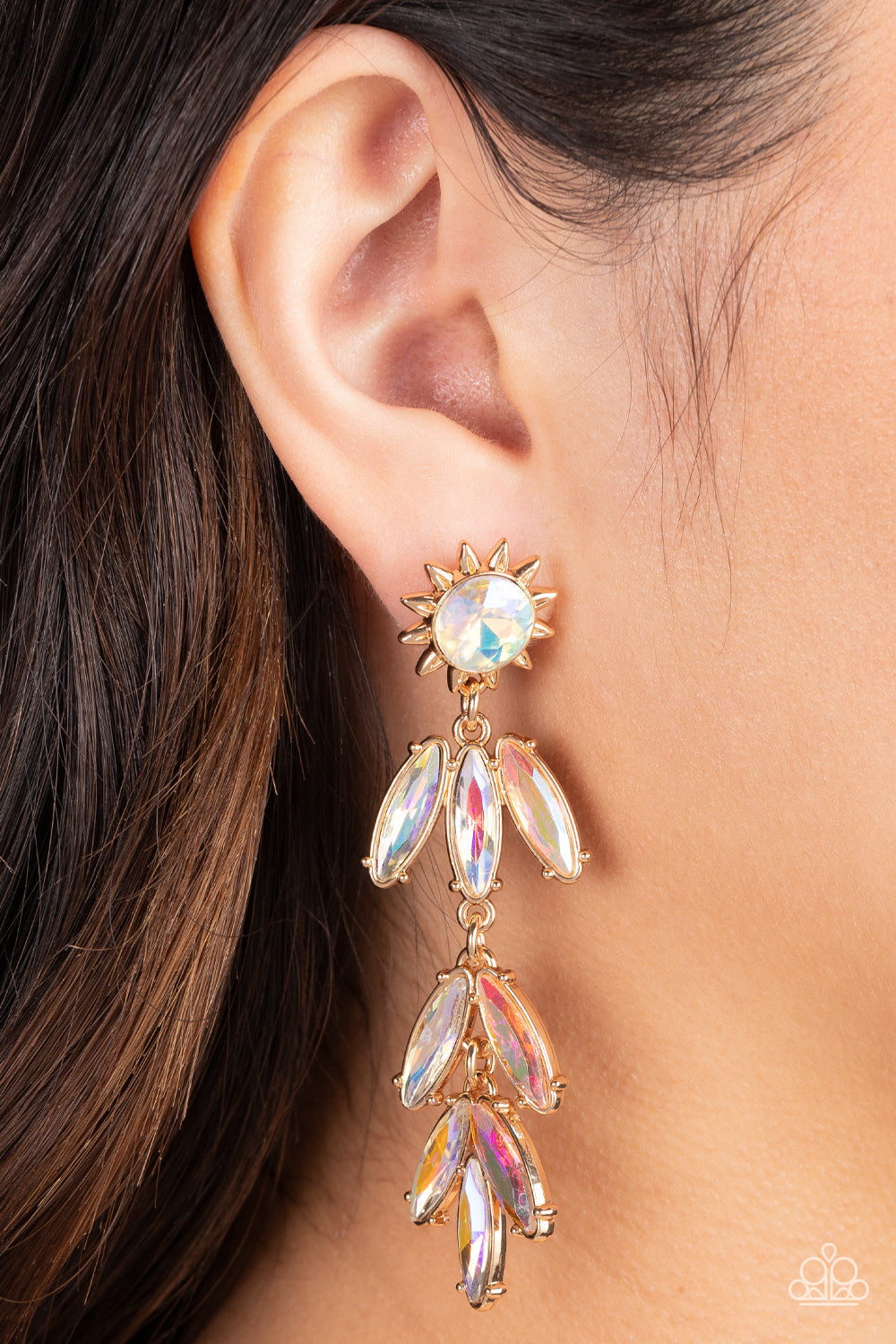 Space Age Sparkle - Gold Sunburst Frame & Iridescent Rhinestone Paparazzi Earrings