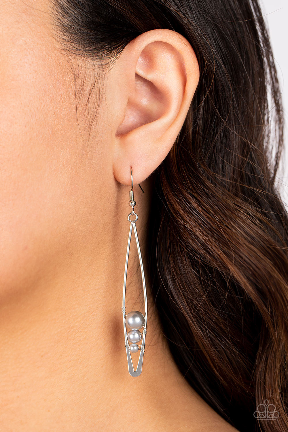 Atlantic Allure - Silver Elongated Frame & Gray Pearl Paparazzi Earrings