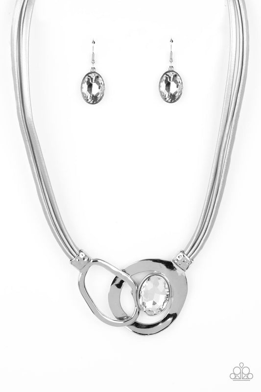 Californian Cowgirl - Silver Leather, Silver Links, & White Gem Paparazzi Necklace & matching earrings