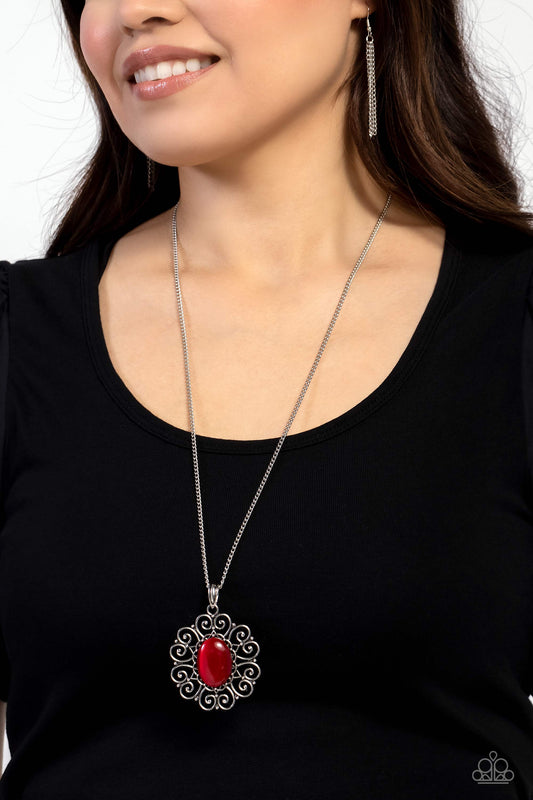 Sentimental Sabbatical - Red Cat's Eye Stone Pendant Paparazzi Necklace & matching earrings