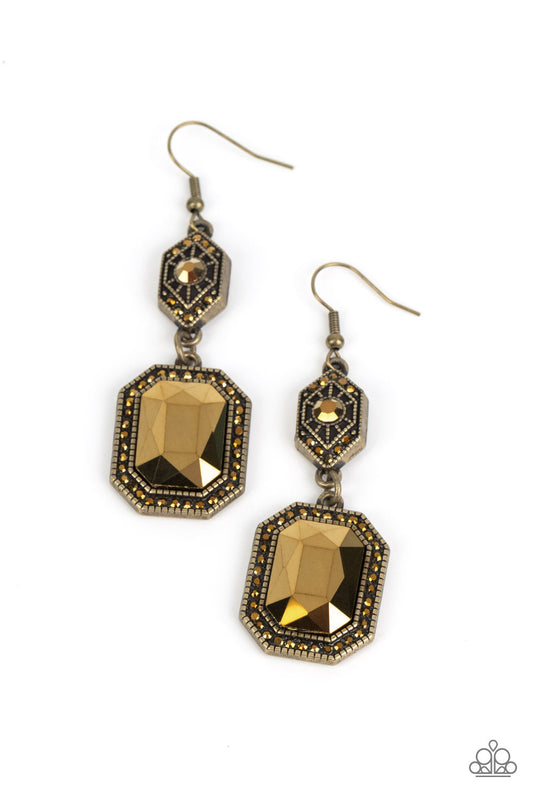 Starry-Eyed Sparkle - Brass Detailed Frame, Dainty Aurum Rhinestones, & Emerald-Cut Aurum Gem Paparazzi Earrings
