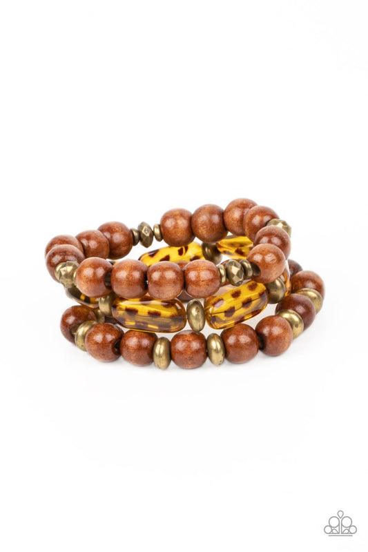 WILD-Mannered - Brass Accents, Oversized Wooden Beads, & Acrylic Beaded Paparazzi Set of 3 Stretch Bracelets