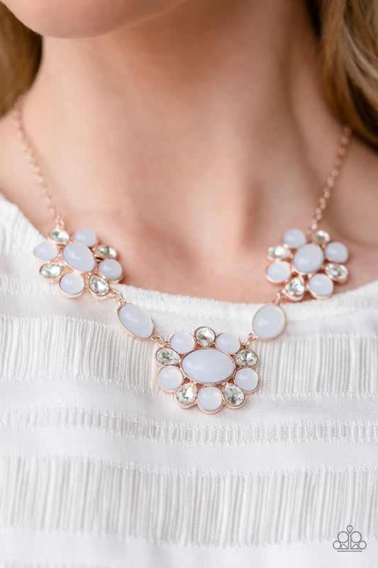 Your Chariot Awaits - Rose Gold Fittings/White Teardrop Rhinestones/Opalescent Beaded Paparazzi Necklace & matching earrings