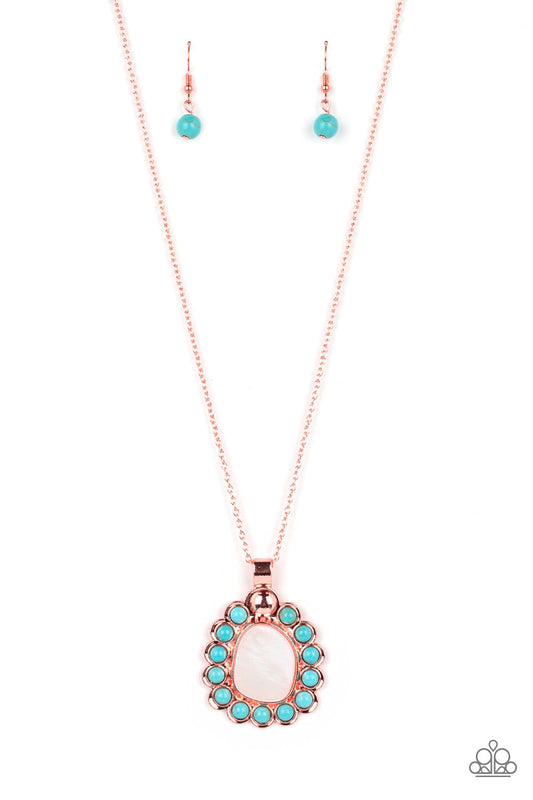 Sahara Sea - Copper Chain, Asymmetrical White Shell, & Turquoise Stone Pendant Paparazzi Necklace & matching earrings