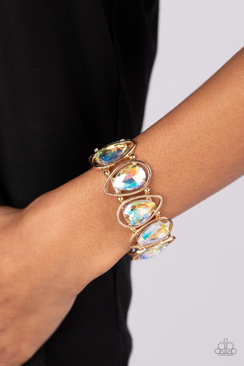 The Sparkle Society - Gold Teardrop Frames & Oversized Teardrop Iridescent Gem Paparazzi Stretch Bracelet